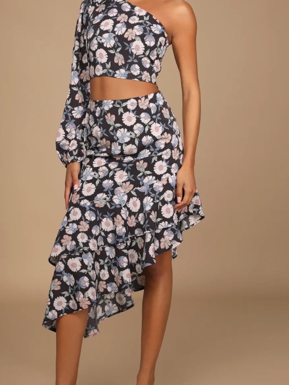 NWT Lulus Boundless Beauty Black Floral Print Asymmetrical Midi Skirt